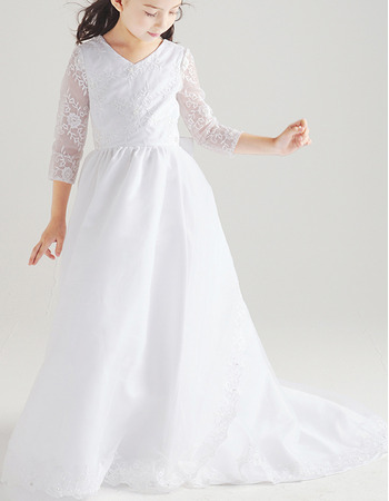 Custom Sweep Train Chiffon Flower Girl Dresses with Long Sleeves