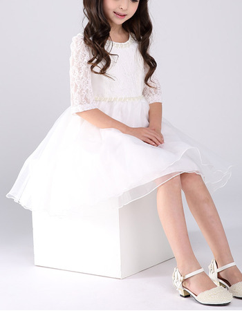 Discount A-Line Short Organza Lace Flower Girl Dresses with Sleeves