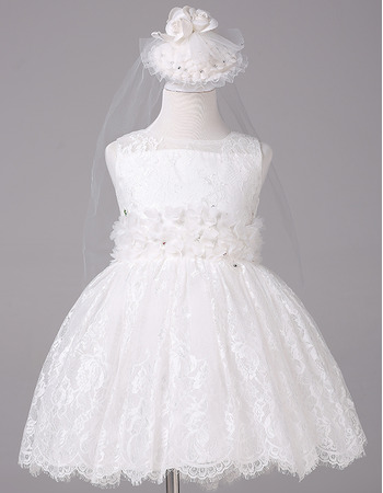 Custom Ball Gown Short Lace Flower Girl Dresses with Floral Belts