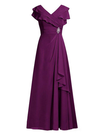 Modest V-Neck Floor Length Chiffon Mother of the Bride/ Groom Dresses