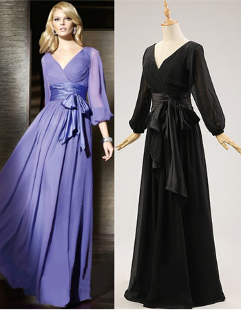 Elegant V-Neck Long Chiffon Black Mother Dresses with Long Sleeves