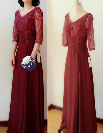 V-Neck Floor Length Chiffon Mother Dresses with Lace Sleeves