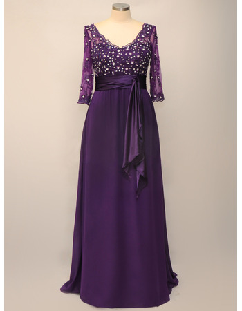 Custom V-Neck Floor Length Chiffon Mother Dresses with 3/4 Sleeves