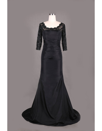 Custom Long Taffeta Black Mother Dresses with 3/4 Long Lace Sleeves