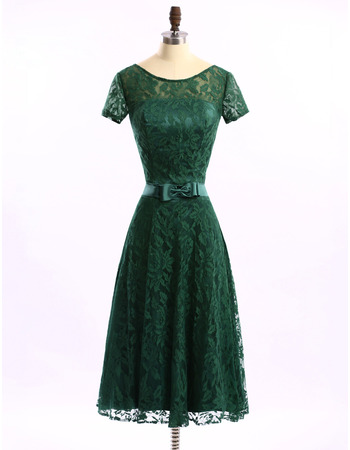 New A-Line Tea Length Lace Mother Dresses with Short Sleeves