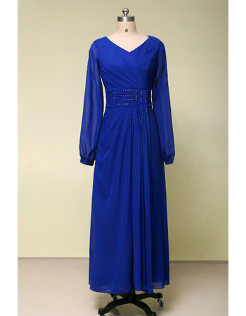 Vintage V-Neck Tea Length Chiffon Mother Dresses with Long Sleeves