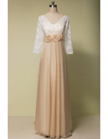 Custom V-Neck Long Chiffon Mother Dresses with 3/4 Long Lace Sleeves