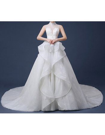 Luxurious High-Neck Chapel Train Organza Lace-Up Wedding Dresses