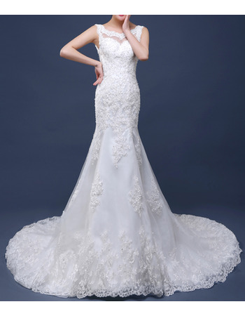 Sheath Court Train Satin Tulle Applique Wedding Dresses