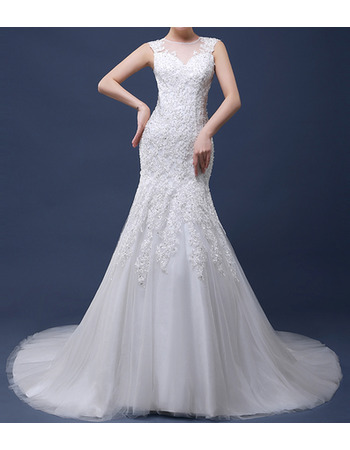 Custom Sexy Sheath Court Train Satin Tulle Applique Wedding Dresses