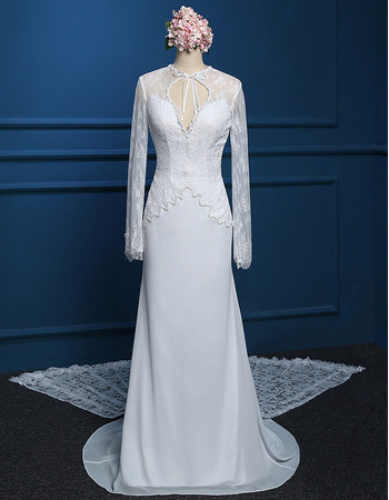 Affordable Chiffon Wedding Dresses with Long Lace Sleeves and Train