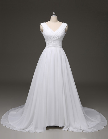 Ball Gown V-Neck Court Train Chiffon Pleated Wedding Dresses