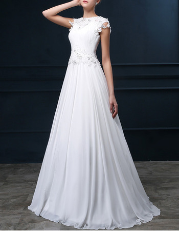 Elegant A-Line Bateau Sweep Train Chiffon Applique Wedding Dresses