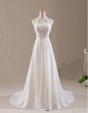 Custom A-Line Halter Court Train Chiffon Pleated Wedding Dresses