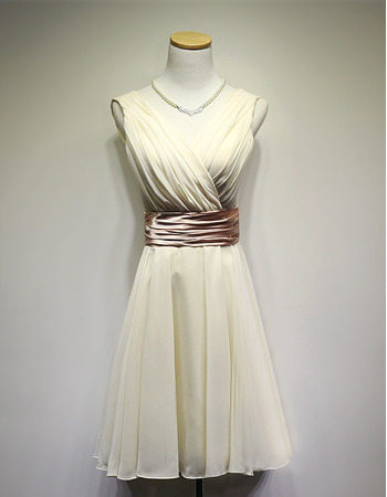 Custom V-Neck Knee Length Chiffon Bridesmaid Dresses with Belts
