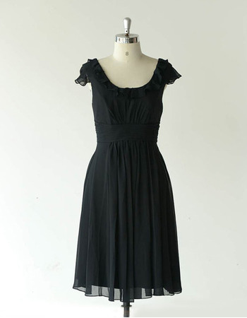 Affordable Cap Sleeves Knee Length Chiffon Black Bridesmaid Dresses