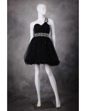 Cute A-Line One Shoulder Short Organza Black Homecoming Dresses