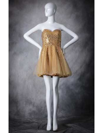Inexpensive A-Line Sweetheart Short Organza Sequin Homecoming Dresses