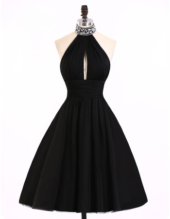 New A-Line Halter Knee Length Satin Black Homecoming Dresses