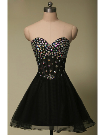 A-Line Sweetheart Short Black Rhinestone Homecoming Dresses