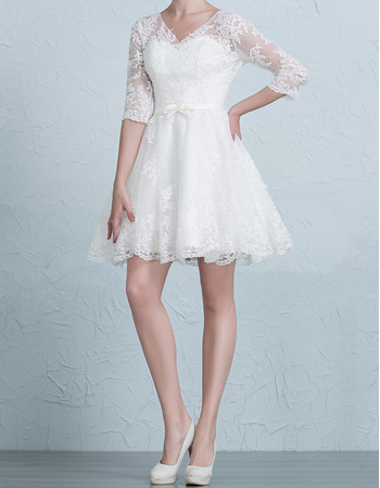 Informal V-Neck Short/ Mini Wedding Dresses with 3/4 Long Sleeves