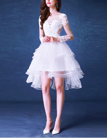 New A-Line V-Neck Short Tulle Wedding Dresses with Long Sleeves