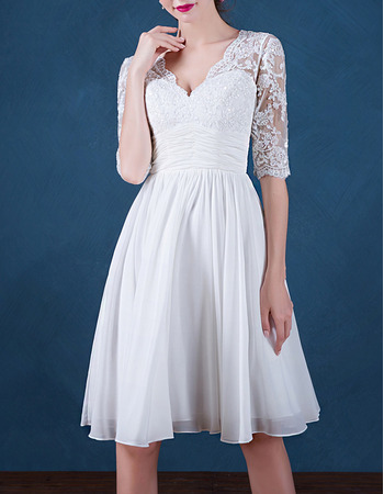 Inexpensive V-Neck Short Chiffon Wedding Dresses with Half Sleeves