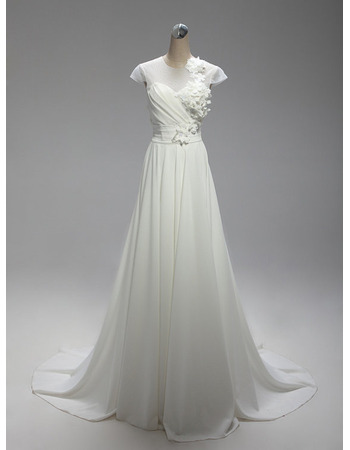 Inexpensive A-Line Long Chiffon Wedding Dresses with Short Sleeves