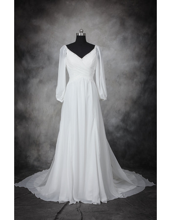 Custom V-Neck Floor Length Chiffon Wedding Dresses with Long Sleeves