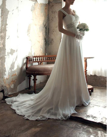 Custom Sweetheart Sweep Train Chiffon Wedding Dresses with Straps