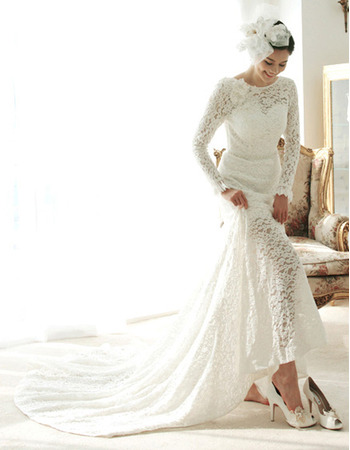 Court Train Lace Wedding Dresses with Long Sleeves8