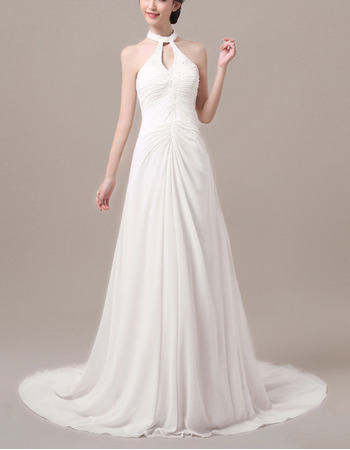 Custom Sheath Halter Sleeveless Sweep Train Chiffon Wedding Dresses