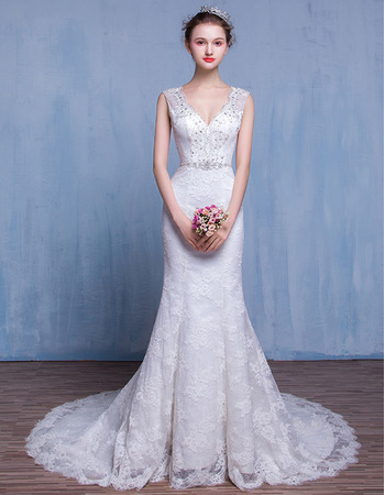 Discount Sheath V-Neck Court Train Lace Wedding Dresses/ Gowns