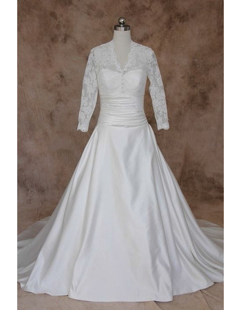 Vintage A-Line V-Neck Taffeta Wedding Dresses with Long Lace Sleeves