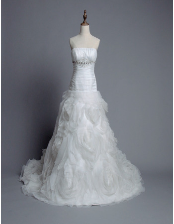 Elegant Strapless Chapel Train Floral Skirt Wedding Dresses/ Gowns