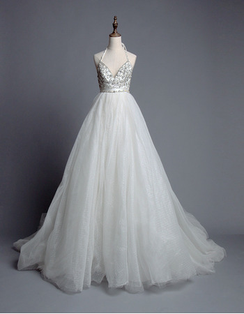 Halter Sweetheart Chapel Train Organza Wedding Dresses