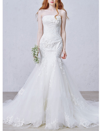 Affordable Trumpet Strapless Chapel Train Applique Wedding Dresses