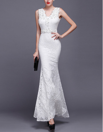 Sexy Sheath V-Neck Sleeveless Floor Length Lace Wedding Dresses