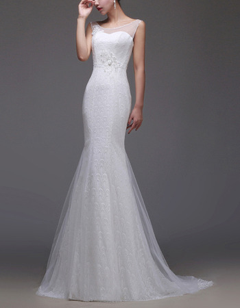 Elegant Sheath Sleeveless Sweep Train Lace Tulle Wedding Dresses