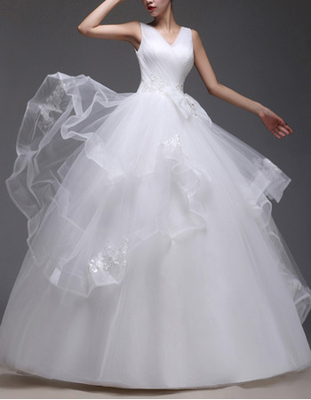 Custom Ball Gown V-Neck Floor Length Satin Organza Wedding Dresses