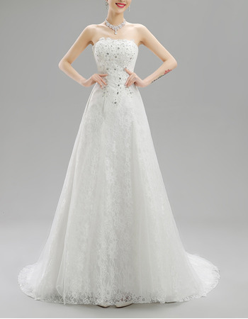 Vintage A-Line Strapless Sweep Train Lace Beaded Wedding Dresses