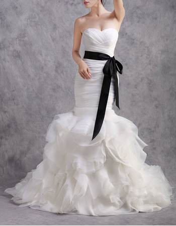 Inexpensive Mermaid Sweetheart Ruffle Skirt Wedding Dresses with Belts