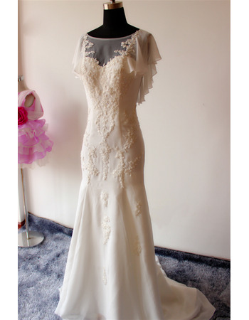 Elegant Sheath Cap Sleeves Sweep Train Chiffon Applique Wedding Dresses