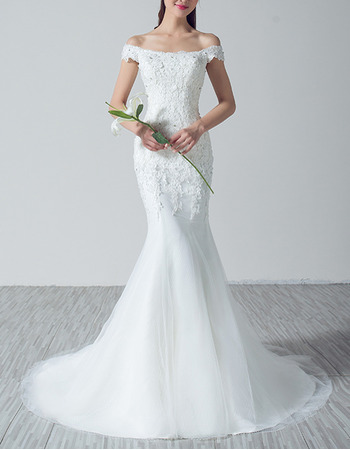 Sexy Sheath Off-the-shoulder Sweep Train Applique Wedding Dresses