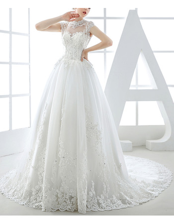 Luxurious Ball Gown Mandarin Collar Chapel Train Organza Wedding Dress