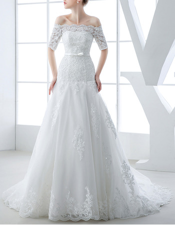 Off-the-shoulder Organza Wedding Dresses with Short Sleeves