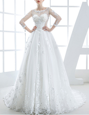 Custom Chapel Train Organza Applique Wedding Dresses with Long Sleeves