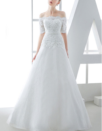 Affordable A-Line Off-the-shoulder Wedding Dresses with Short Sleeves