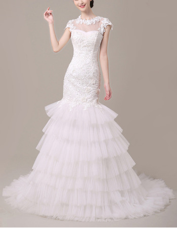 Sheath Cap Sleeves Tulle Layered Skirt Wedding Dresses