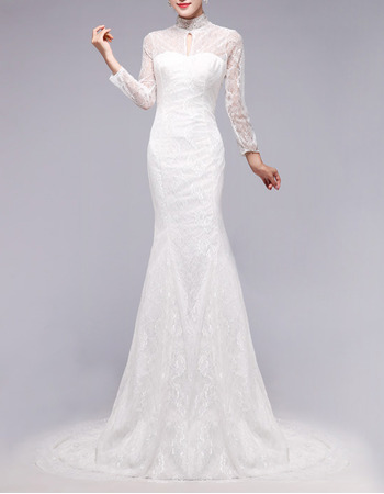 Custom Sheath Mandarin Collar Lace Wedding Dresses with Long Sleeves